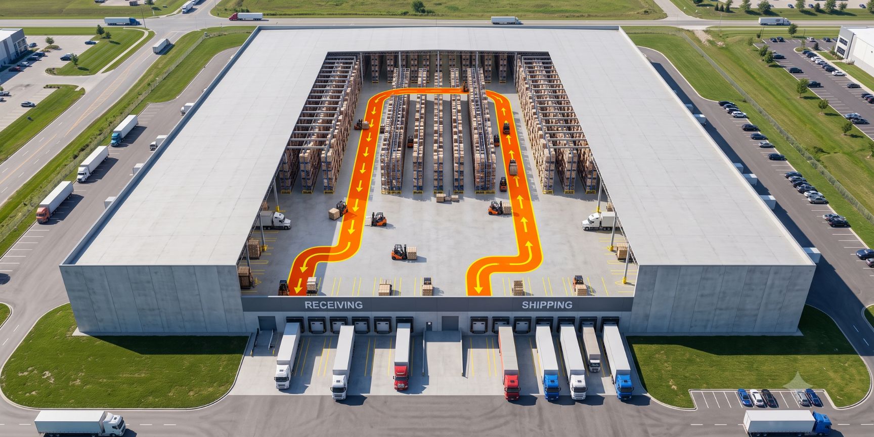 Innenansicht moderne Logistikhalle, effizienter U-Form Warenfluss, paralleler Materialfluss, Gabelstapler-Optimierung, Multi-User Nutzung, Barrierefreiheit.